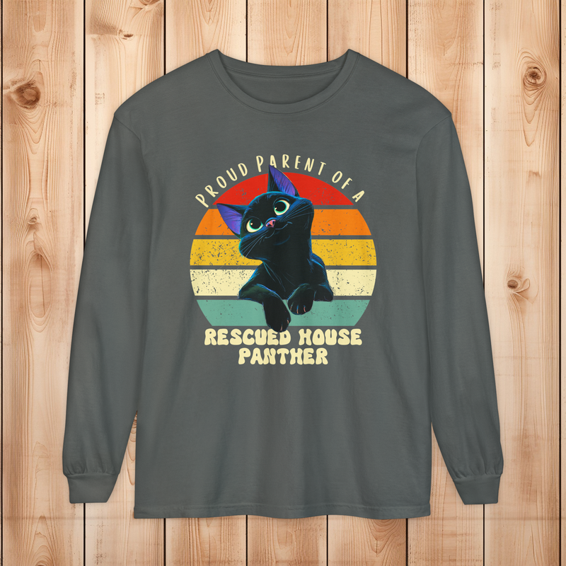 Comfort Colors pepper long-sleeve shirt with rescued house panther retro cat graphic