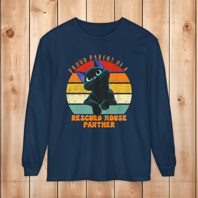 Comfort Colors true navy long-sleeve tee with rescued house panther retro sunset illustration