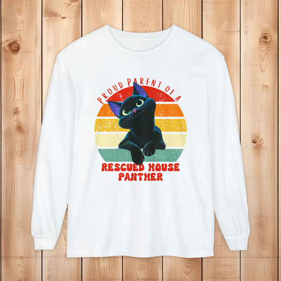 Comfort Colors white long-sleeve shirt with “Proud Parent of a Rescued House Panther” retro black cat design