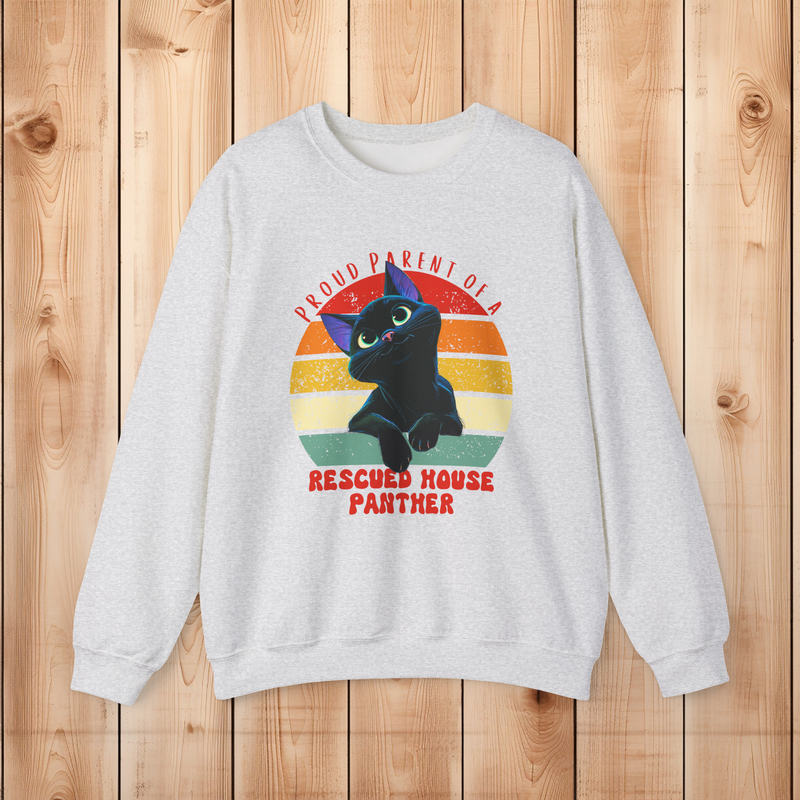 Ash Gildan 18000 sweatshirt featuring a retro black cat design reading Proud Parent of a Rescued House Panther