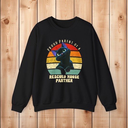 Black Gildan 18000 sweatshirt with a vintage sunset black cat graphic and Proud Parent of a Rescued House Panther text