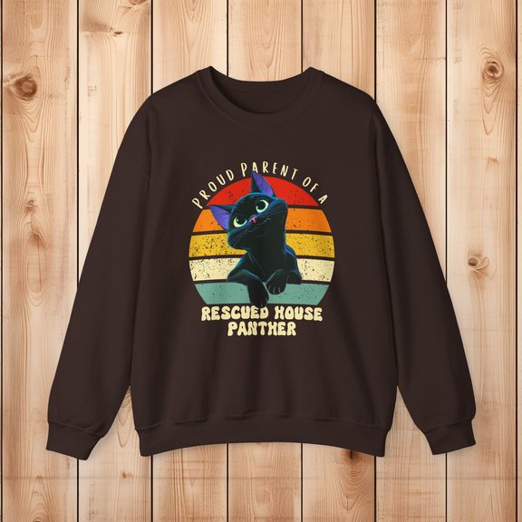 Dark chocolate Gildan 18000 sweatshirt showing a rescued black cat house panther retro design