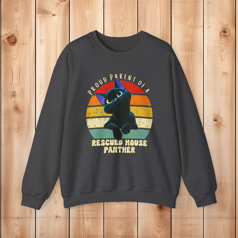 Dark heather Gildan 18000 crewneck sweatshirt with a rescued house panther black cat illustration