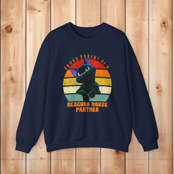 Navy blue Gildan 18000 sweatshirt with a proud parent of a rescued house panther black cat graphic