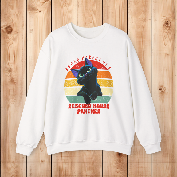 White Gildan 18000 sweatshirt with a retro black cat illustration and Proud Parent of a Rescued House Panther text