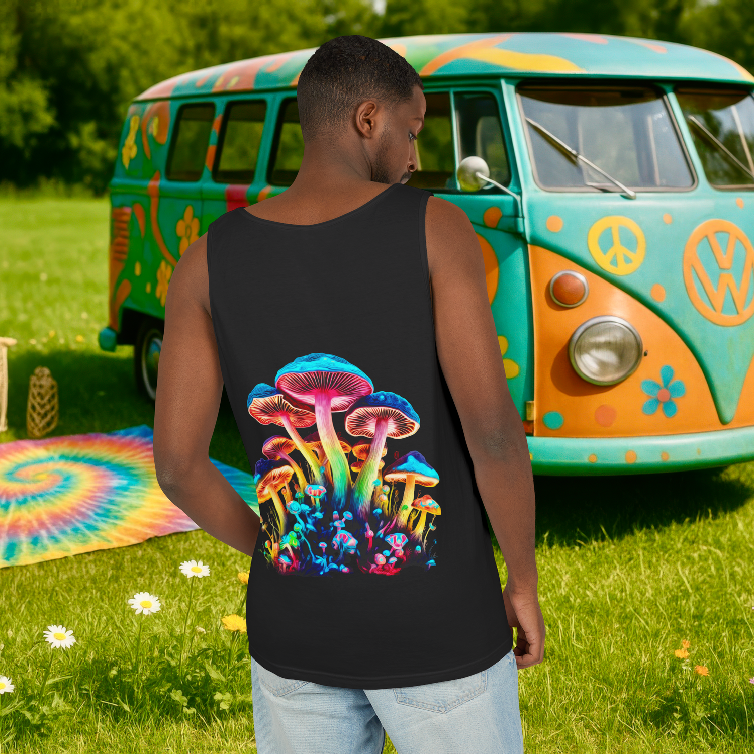 Back view of unisex psychedelic mushroom tank top in black, worn by a man standing in front of a colorful hippie van with tie-dye blanket on the grass – Comfort Colors 9360, relaxed fit.