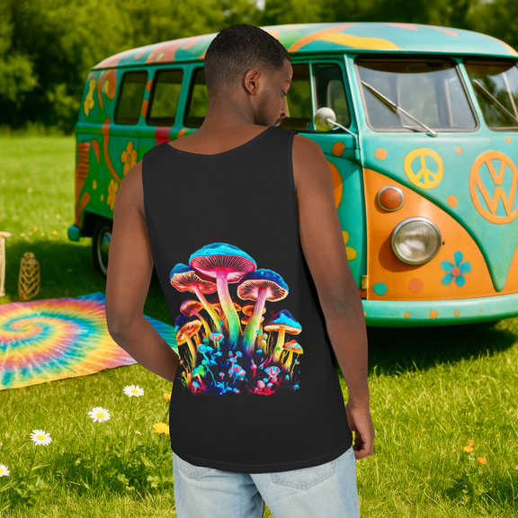 Back view of unisex psychedelic mushroom tank top in black, worn by a man standing in front of a colorful hippie van with tie-dye blanket on the grass – Comfort Colors 9360, relaxed fit.