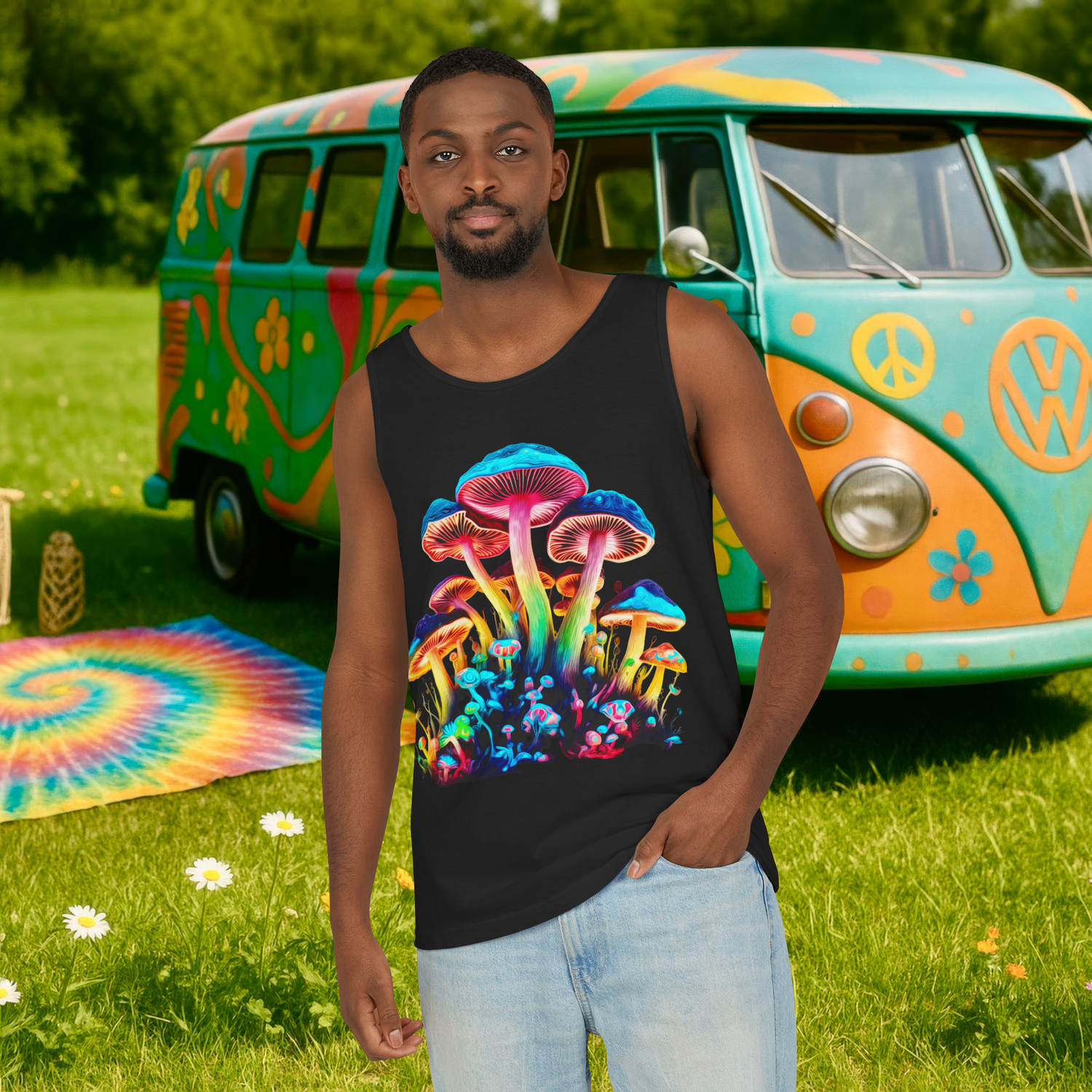 Front view of unisex psychedelic mushroom tank top on a man, featuring vibrant neon mushroom design – set against a retro VW bus and colorful outdoor setting.