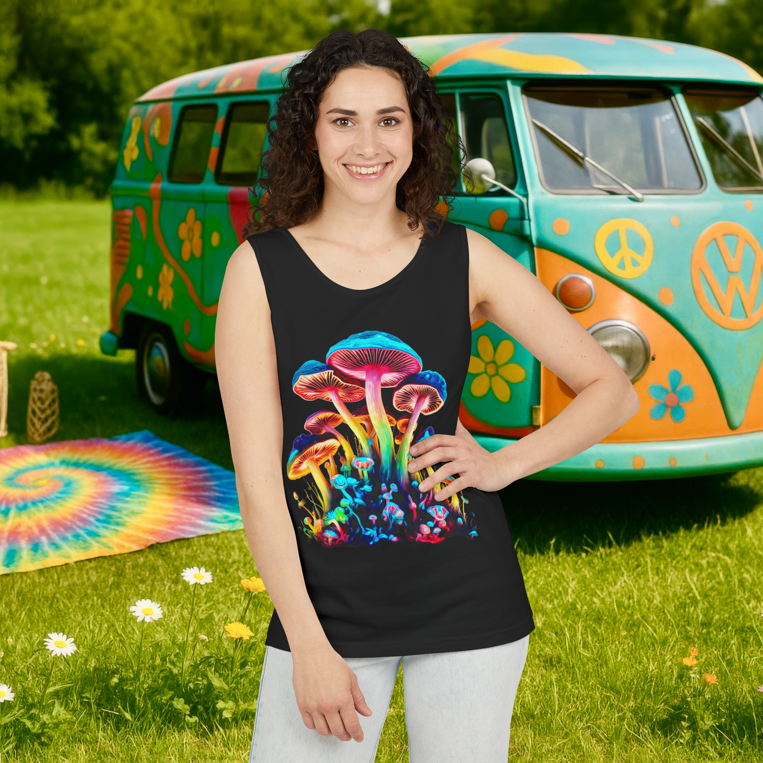 Smiling woman wearing unisex psychedelic mushroom tank top in black, showcasing a glowing mushroom print in front of a flower-power VW van at an outdoor festival scene.