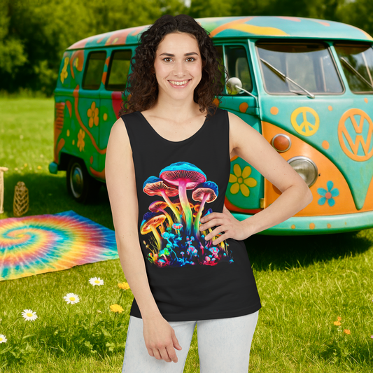 Smiling woman wearing unisex psychedelic mushroom tank top in black, showcasing a glowing mushroom print in front of a flower-power VW van at an outdoor festival scene.