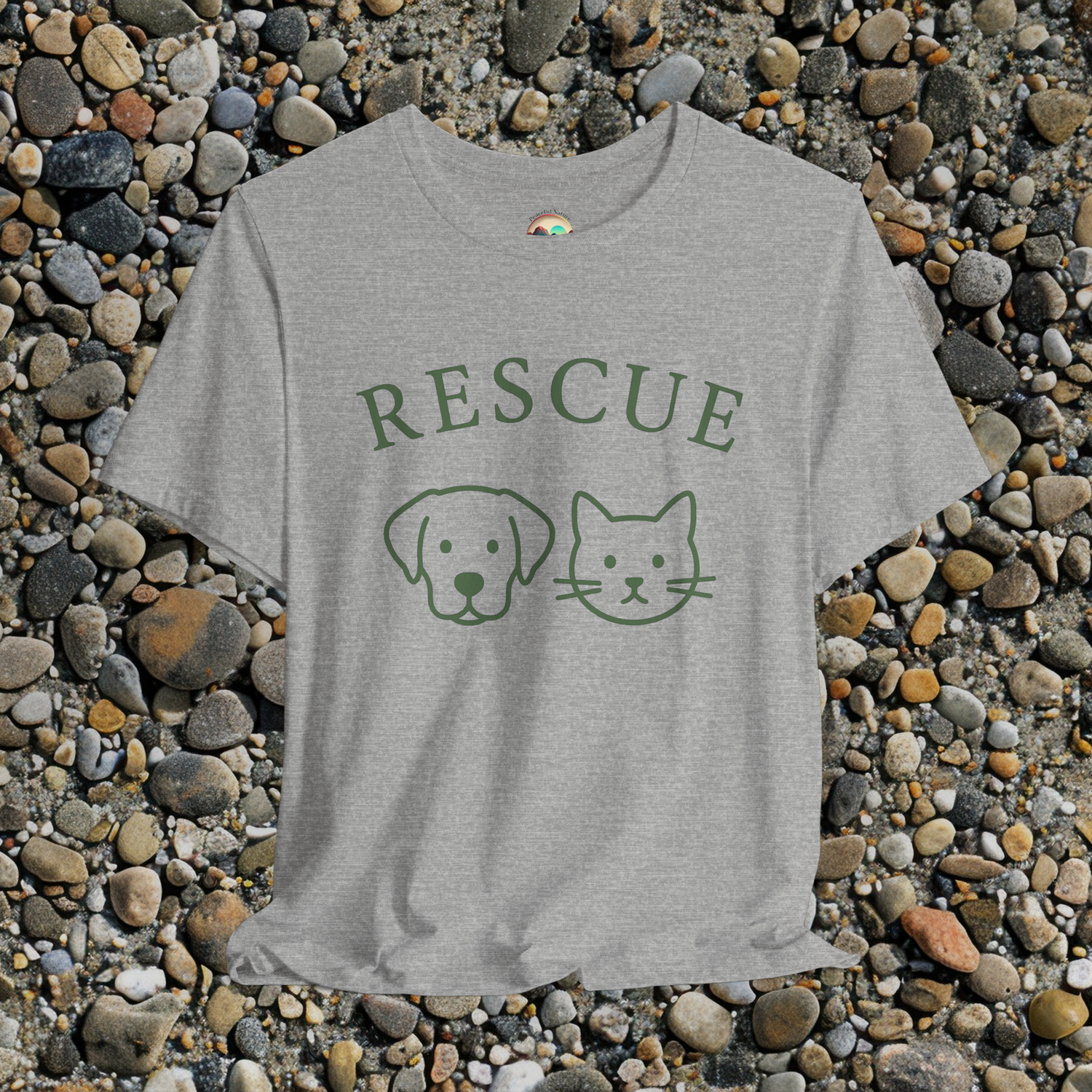  Rescue T-shirt with dog and cat line art in green ink on heather grey fabric