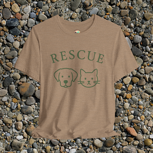 Rescue T-shirt with dog and cat line art in green ink on heather tan fabric