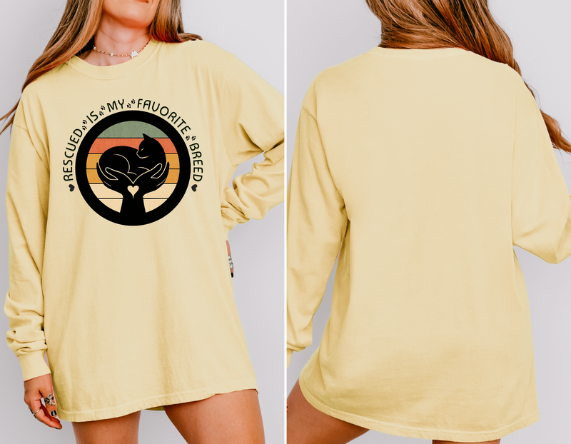 Butter long-sleeve Comfort Colors 6014 shirt seen on model with retro rescued cat design saying Rescued Is My Favorite Breed