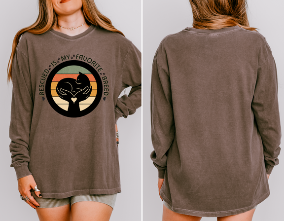 Espresso-colored long-sleeve Comfort Colors 6014 shirt, seen on model, with retro rescued cat design saying Rescued Is My Favorite Breed
