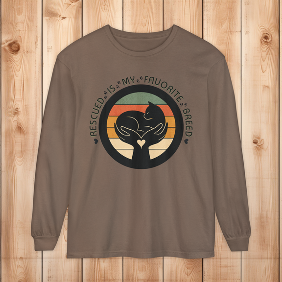 Espresso-colored long-sleeve Comfort Colors 6014 shirt, with retro rescued cat design saying Rescued Is My Favorite Breed