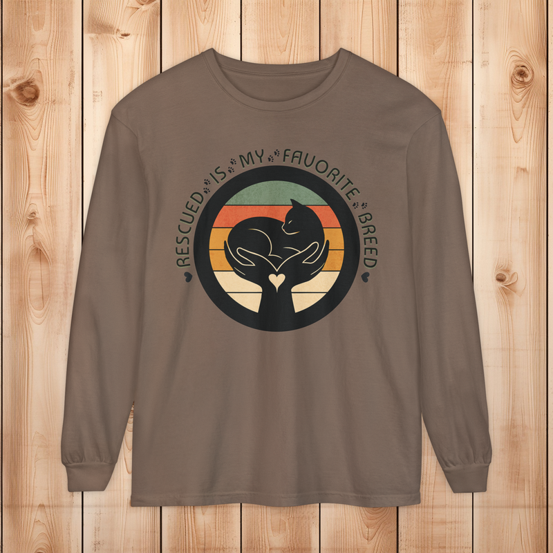 Espresso-colored long-sleeve Comfort Colors 6014 shirt, with retro rescued cat design saying Rescued Is My Favorite Breed