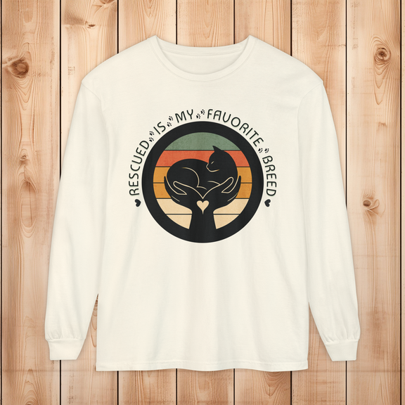 Ivory-colored long-sleeve Comfort Colors 6014 shirt, with retro rescued cat design saying Rescued Is My Favorite Breed