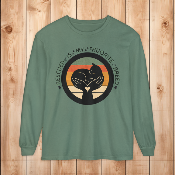 Light green long-sleeve Comfort Colors 6014 shirt, with retro rescued cat design saying Rescued Is My Favorite Breed