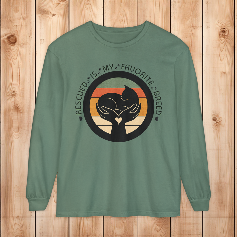 Light green long-sleeve Comfort Colors 6014 shirt, with retro rescued cat design saying Rescued Is My Favorite Breed