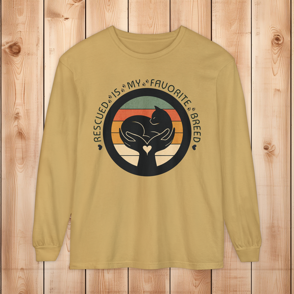 Mustard-colored long-sleeve Comfort Colors 6014 shirt, with retro rescued cat design saying Rescued Is My Favorite Breed