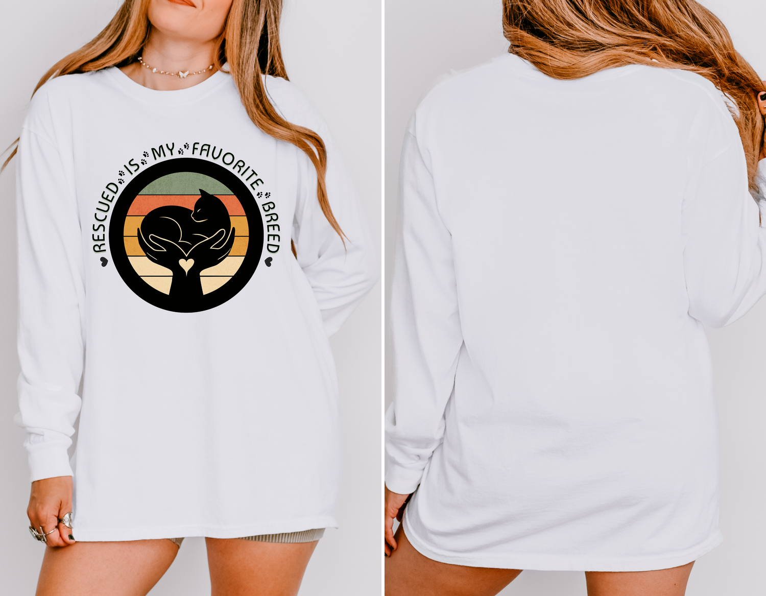 White long-sleeve Comfort Colors 6014 shirt, seen on model, with retro rescued cat design saying Rescued Is My Favorite Breed