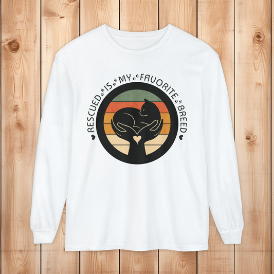 White long-sleeve Comfort Colors 6014 shirt with retro rescued cat design saying Rescued Is My Favorite Breed