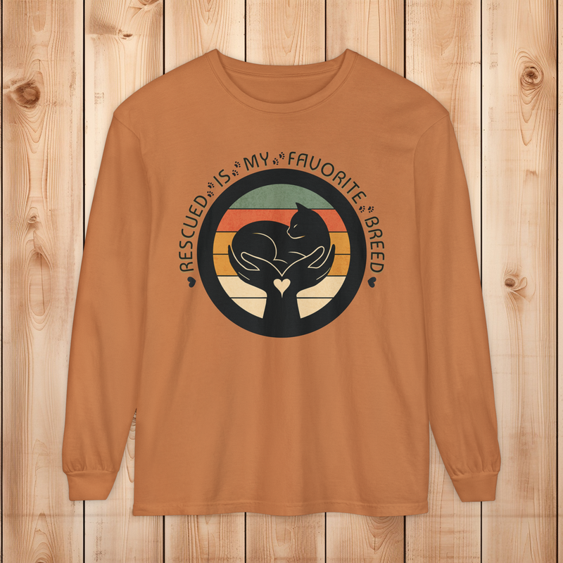 Yam-colored long-sleeve Comfort Colors 6014 shirt, with retro rescued cat design saying Rescued Is My Favorite Breed