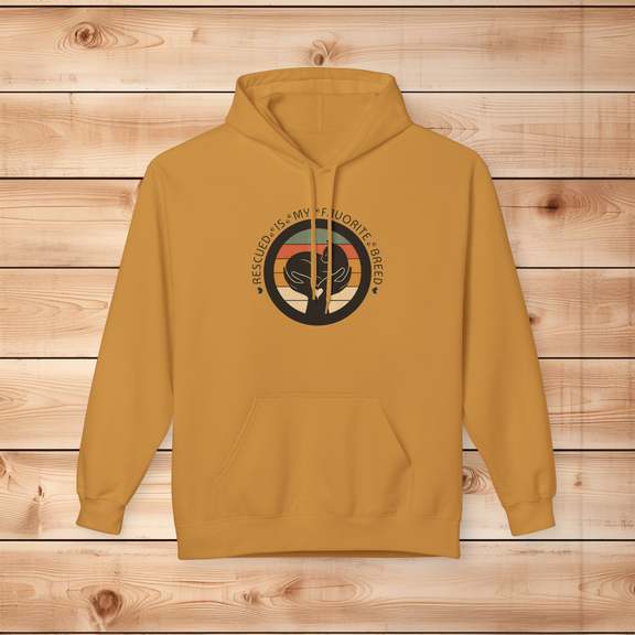 Mustard yellow Softstyle hoodie featuring retro Rescued Is My Favorite Breed cat graphic