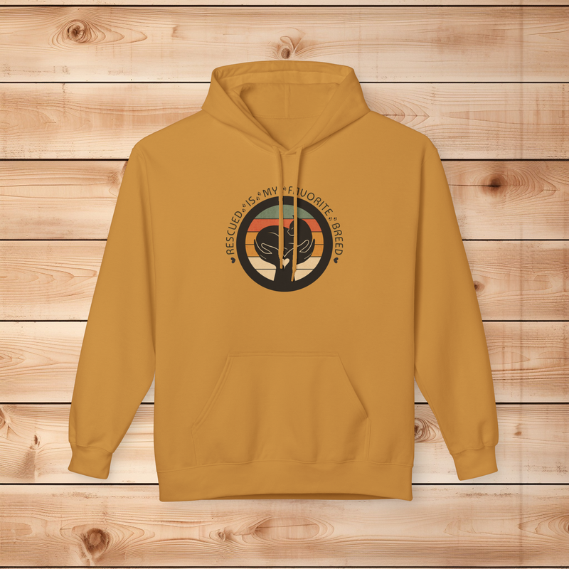 Mustard yellow Softstyle hoodie featuring retro Rescued Is My Favorite Breed cat graphic