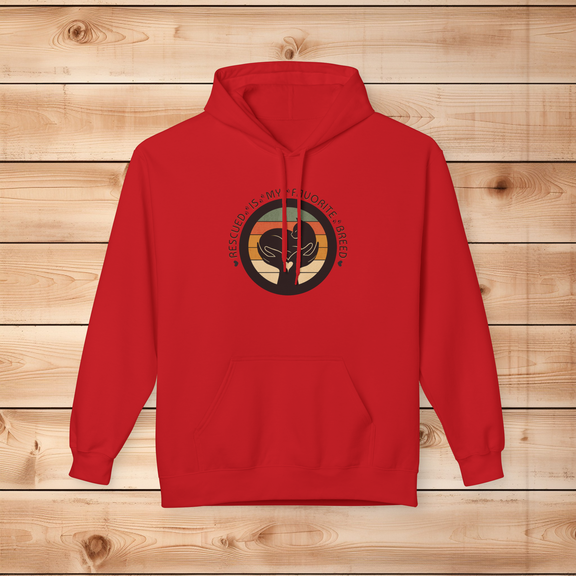 Red Softstyle hoodie featuring retro Rescued Is My Favorite Breed cat graphic