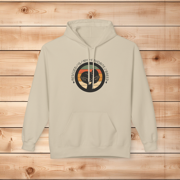 Sand-colored SF500 hoodie with Rescued Is My Favorite Breed cat graphic and retro sunset