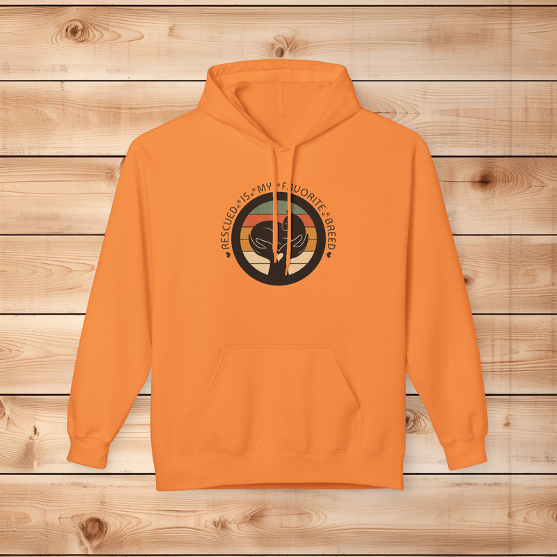 Tangerine orange unisex hoodie featuring Rescued Is My Favorite Breed cat silhouette artwork