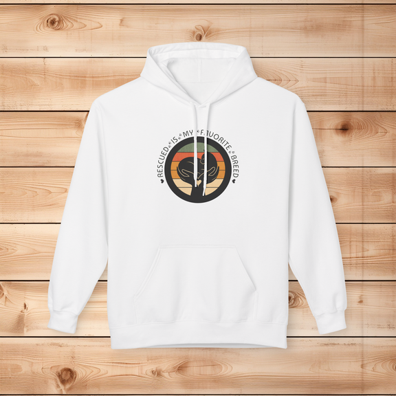 White Softstyle fleece hoodie with black cat silhouette rescue art on a vintage sunset circle