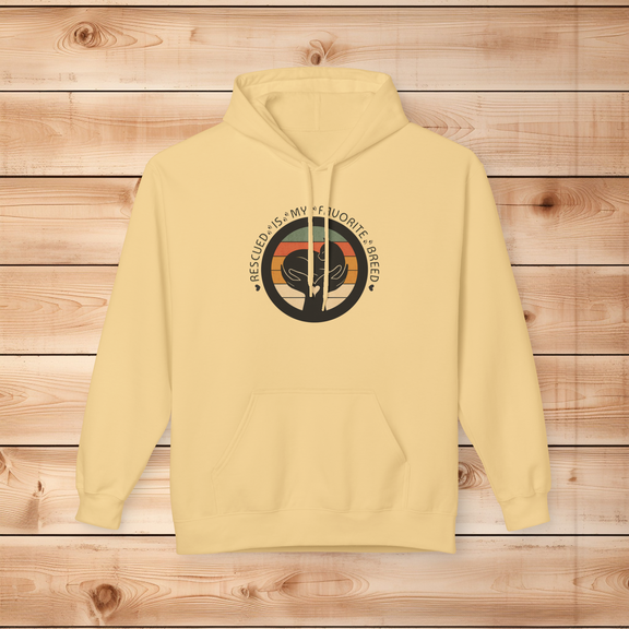 Yellow Haze SF500 hoodie in a soft pastel yellow featuring the Rescued Is My Favorite Breed cat design.
