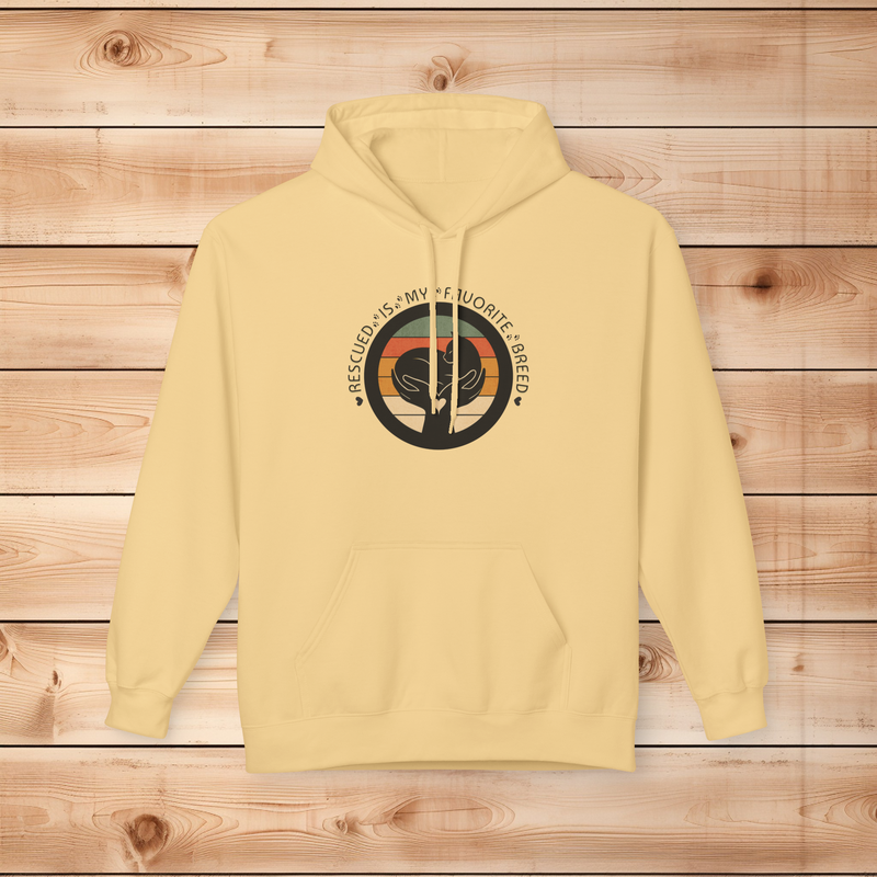 Yellow Haze SF500 hoodie in a soft pastel yellow featuring the Rescued Is My Favorite Breed cat design.