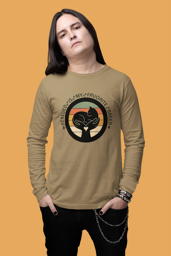 Man wearing Coyote Brown Sport-Tek long sleeve shirt with bright graphic and text saying "Rescued Is My Favorite Breed."