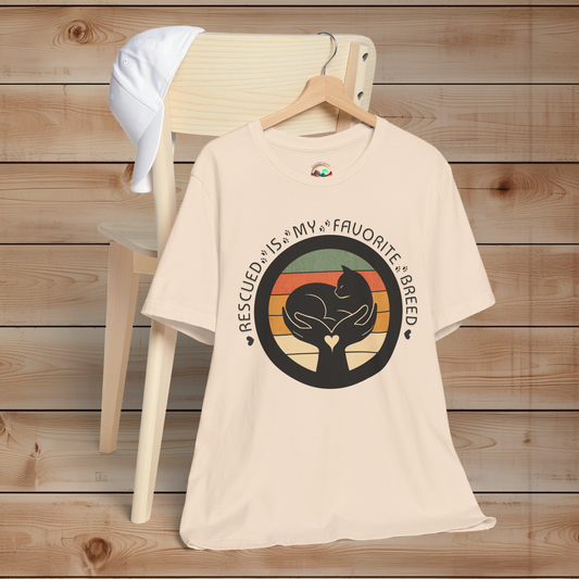 Soft Cream Bella+Canvas 3001 tee with ‘Rescued Is My Favorite Breed’ cat design – perfect gift for animal rescue advocates