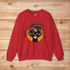 Bright red Gildan 18000 Rescued Is My Favorite Breed sweatshirt with retro dog rescue artwork, perfect for animal lovers and shelter supporters.