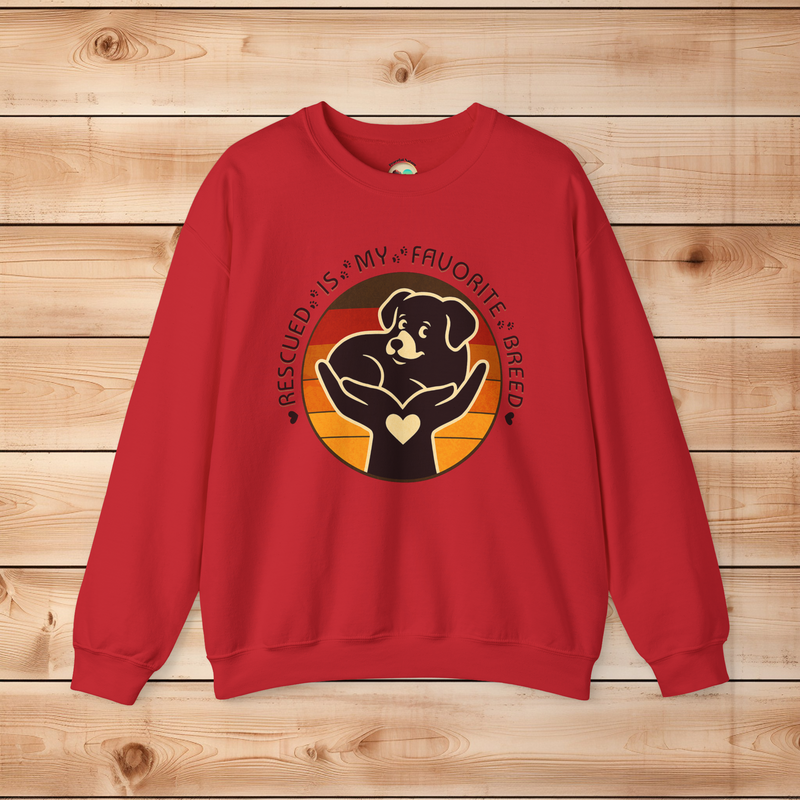 Bright red Gildan 18000 Rescued Is My Favorite Breed sweatshirt with retro dog rescue artwork, perfect for animal lovers and shelter supporters.