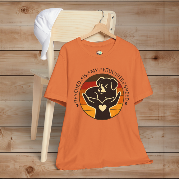 Rescued Is My Favorite Breed T-Shirt in Burnt Orange – Vintage Dog Rescue Design