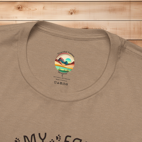 Close-up of Rescued Is My Favorite Breed T-Shirt collar with Peaceful Nature Designs interior label on Bella+Canvas 3001 fabric