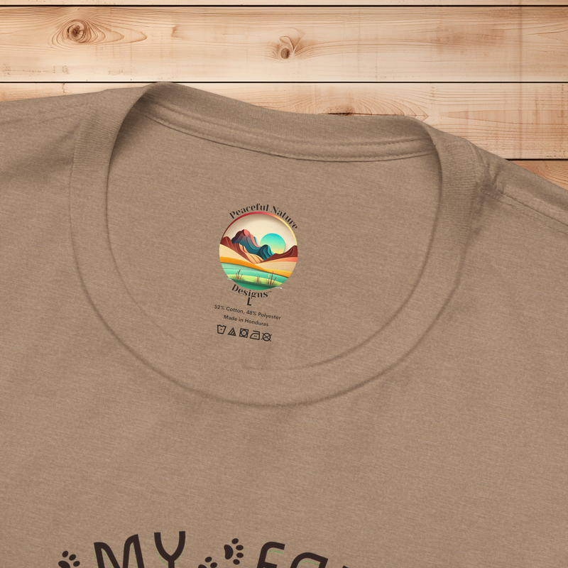 Close-up of Rescued Is My Favorite Breed T-Shirt collar with Peaceful Nature Designs interior label on Bella+Canvas 3001 fabric