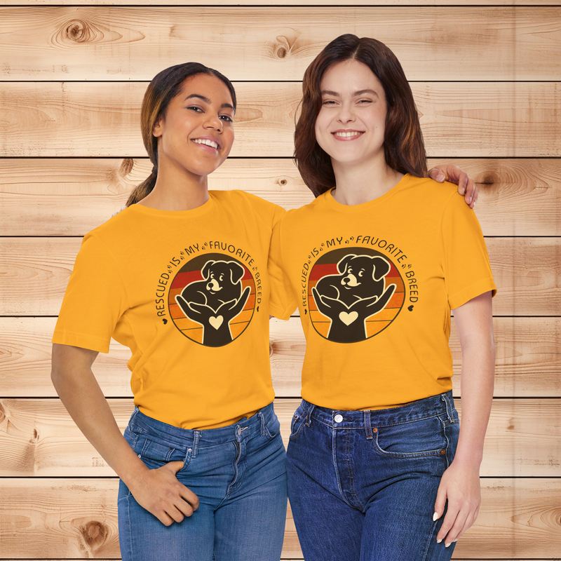 Two models wearing Rescued Is My Favorite Breed T-Shirts in Gold – Animal Rescue Awareness Tees for Dog Lovers