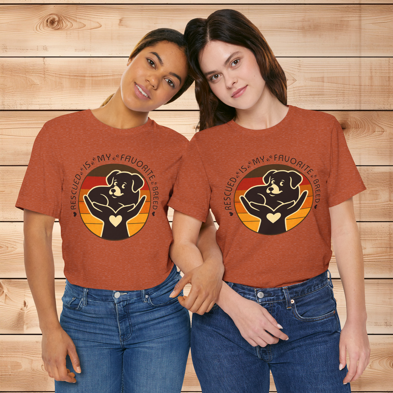 Two models wearing Rescued Is My Favorite Breed T-Shirts in Heather Autumn – Retro Dog Rescue Tees for Animal Lovers