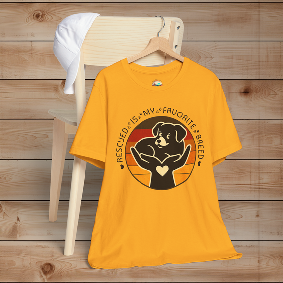 Rescued Is My Favorite Breed T-Shirt in Gold – Animal Lover Gift Supporting Pet Rescue