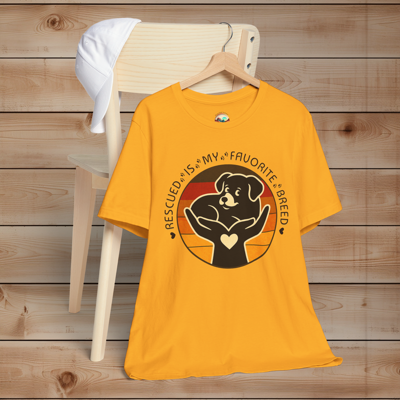 Rescued Is My Favorite Breed T-Shirt in Gold – Animal Lover Gift Supporting Pet Rescue