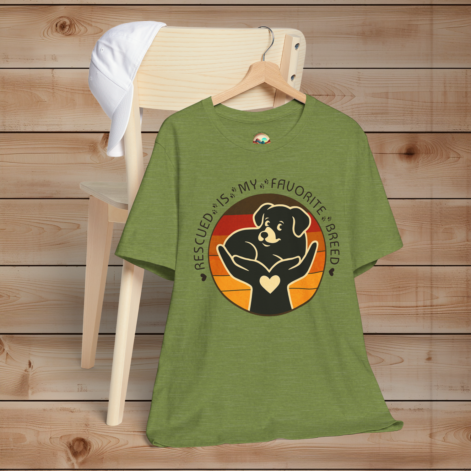 Rescued Is My Favorite Breed T-Shirt in Heather Green – Retro Dog Adoption Tee for Rescue Advocates