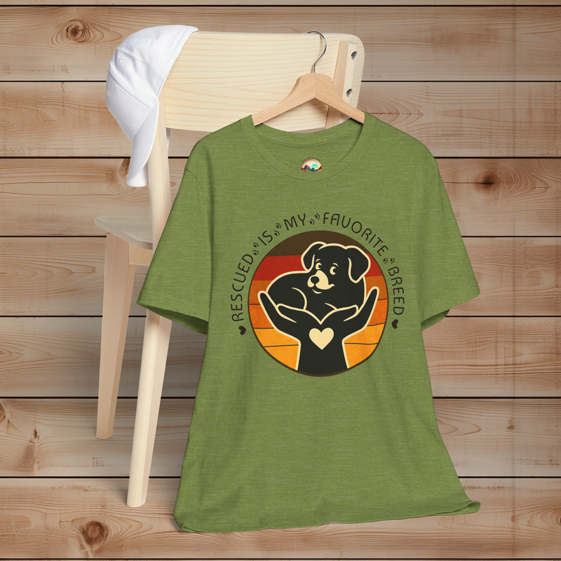 Rescued Is My Favorite Breed T-Shirt in Heather Green – Retro Dog Adoption Tee for Rescue Advocates