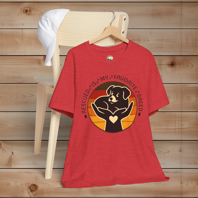 Rescued Is My Favorite Breed T-Shirt in Heather Red – Retro Dog Rescue Tee for Animal Lover