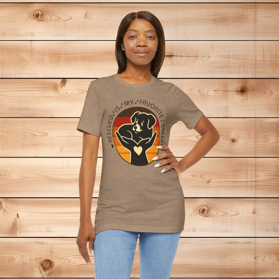 Model wearing Rescued Is My Favorite Breed T-Shirt in Heather Tan – Ethically Made Dog Adoption Tee by Peaceful Nature Designs